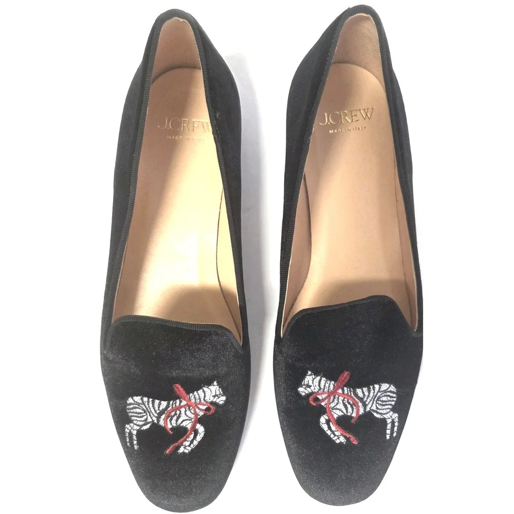 J. Crew Smoking Loafers 9 Zebra Embroidered Red Bow Black Velvet Made Italy NWOB